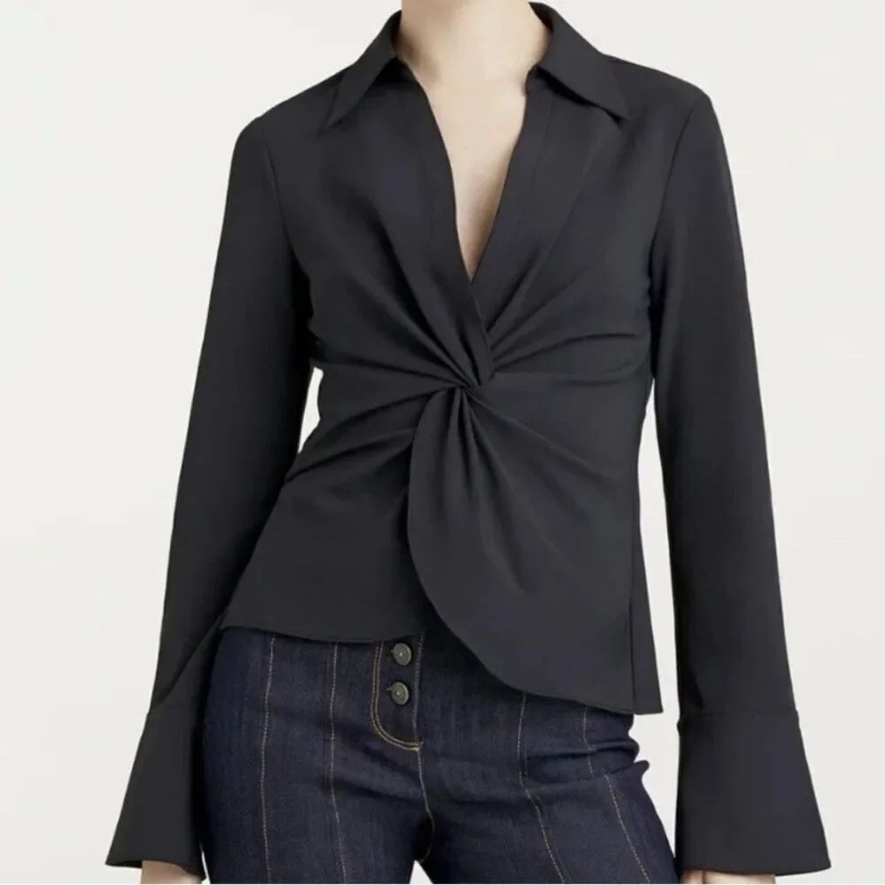 Cinq à Sept McKenna Twist Front Top Blouse Long Sleeve Collared V-Neck Black S - Picture 5 of 10